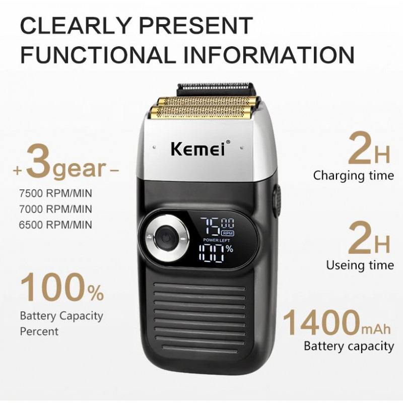 Kemei® Επαναφορτιζόμενη Ξυριστική Μηχανή - Τρίμερ 5W με Διπλή Λεπίδα - LCD Οθόνη - 3 Ρυθμίσεις Στροφών & Τσαντάκι Μεταφοράς